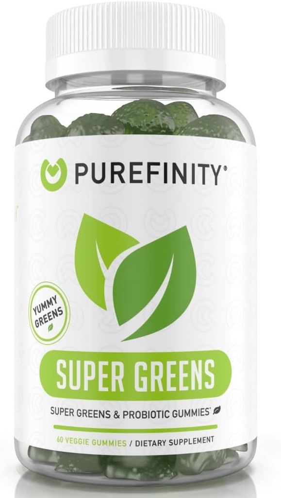 PUREFINITY Daily Super Greens Gummies with Spirulina, Spinach, Broccoli, Beet Root, Acai, and Other Vegetables, All-in-One Veggie Supplement – Non-GMO, Gluten Free, Vegan, 60 Count