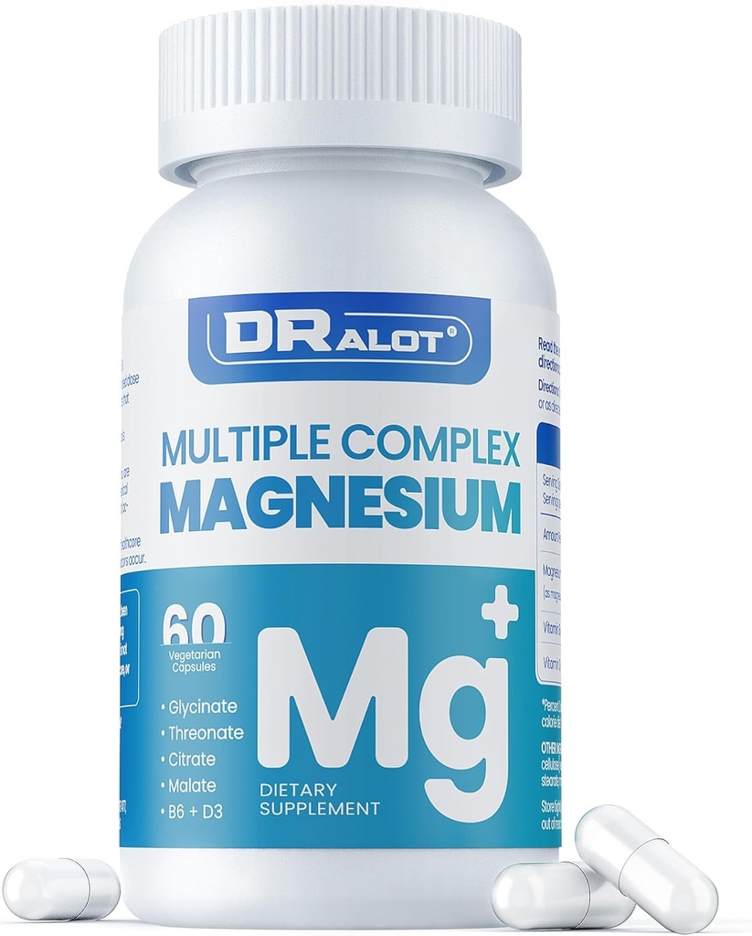Quadruple Magnesium Supplement, 400mg of Chelate Magnesium Glycinate, L-threonate, Citrate & Malate | Max Absorption Complex w/Vitamin D3 & B6, for Sleep Heart Muscles Nerves, Non-GMO, 60 Vegan Caps