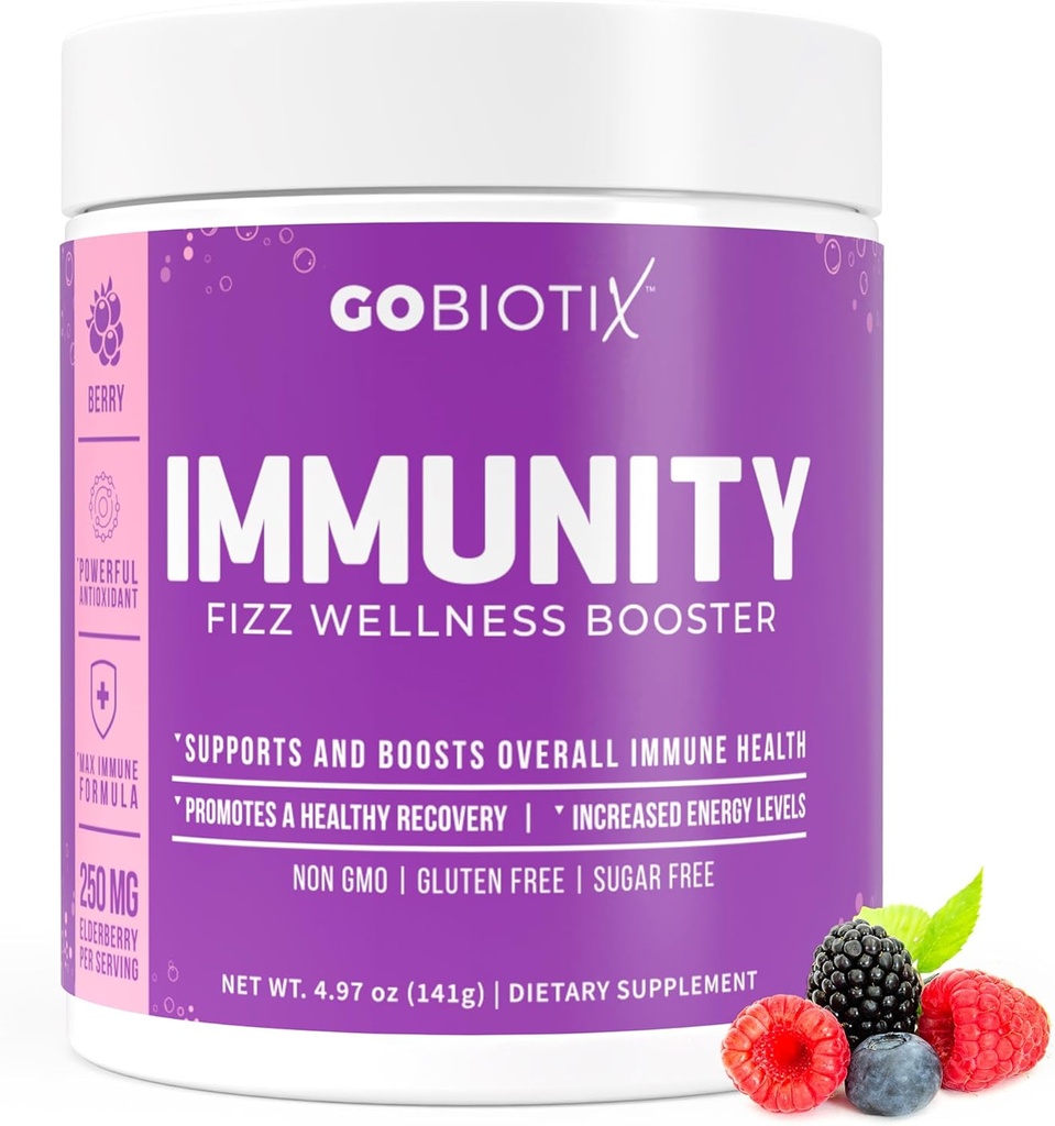 GOBIOTIX Vitamin C - Immune Defense Support Supplement - Immunity Powder Wellness Booster - Vegan Superfood - Elderberry, Turmeric, B12 Vitamin Supplement, Non-GMO and Sugar Free (Berry)