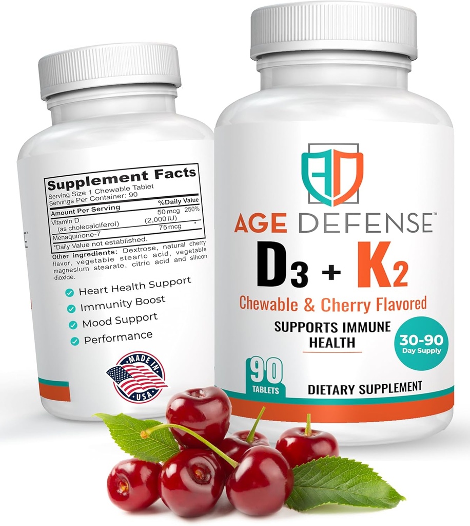 Vitamin D3 2000 IU with K2-90 Chewable Tablets with Cherry Flavoring-Natural Energy Booster-Supports Vitality, Immune Health, & Overall Wellness-Vitamin D3 with Vitamin K2 for Men & Women