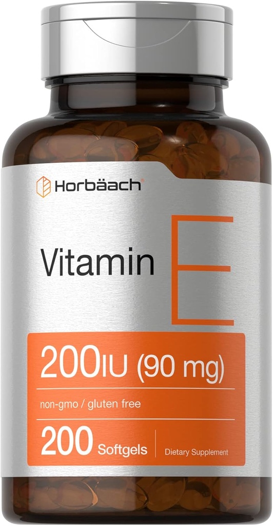 Horbäach Vitamin E Softgel Capsules 200 IU | 90 mg Supplement | 200 Count | Non-GMO and Gluten Free Formula