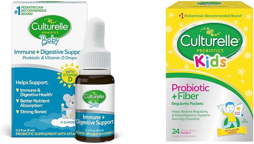 Culturelle Baby Immune & Digestive Support Probiotic + Vitamin D Drops, 30 Day Supply Kids Probiotic + Fiber Packets, 24 Count