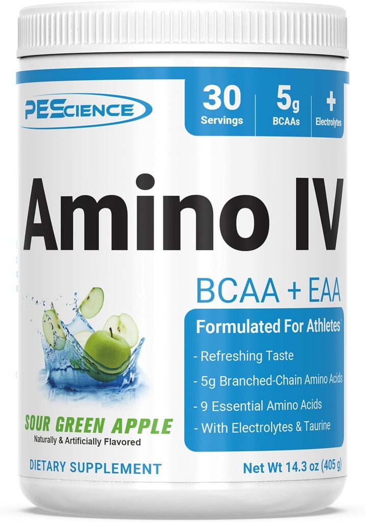 PEScience Amino IV BCAA & EAA Powder, Essential Amino Acids, Taurine, Electrolytes for Hydration and Muscle Recovery, Sugar Free for Men & Women, Post Workout - Sour Green Apple - 30 Servings