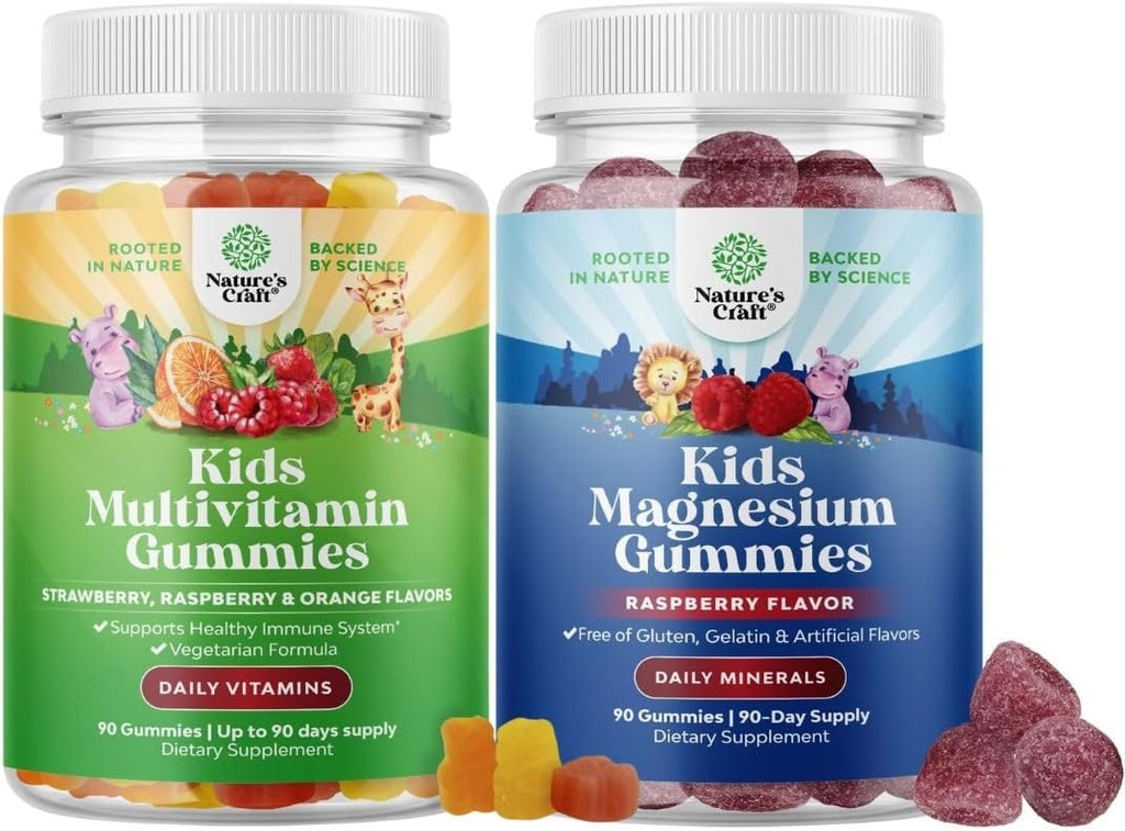 Bundle of Kids Multivitamin Gummies for Immunity Support with Vitamins A C D3 E B and Zinc and Kids Magnesium Gummies - Calm Relaxing Mag Citrate with Raspberry Flavor for Nerve & Heart Health