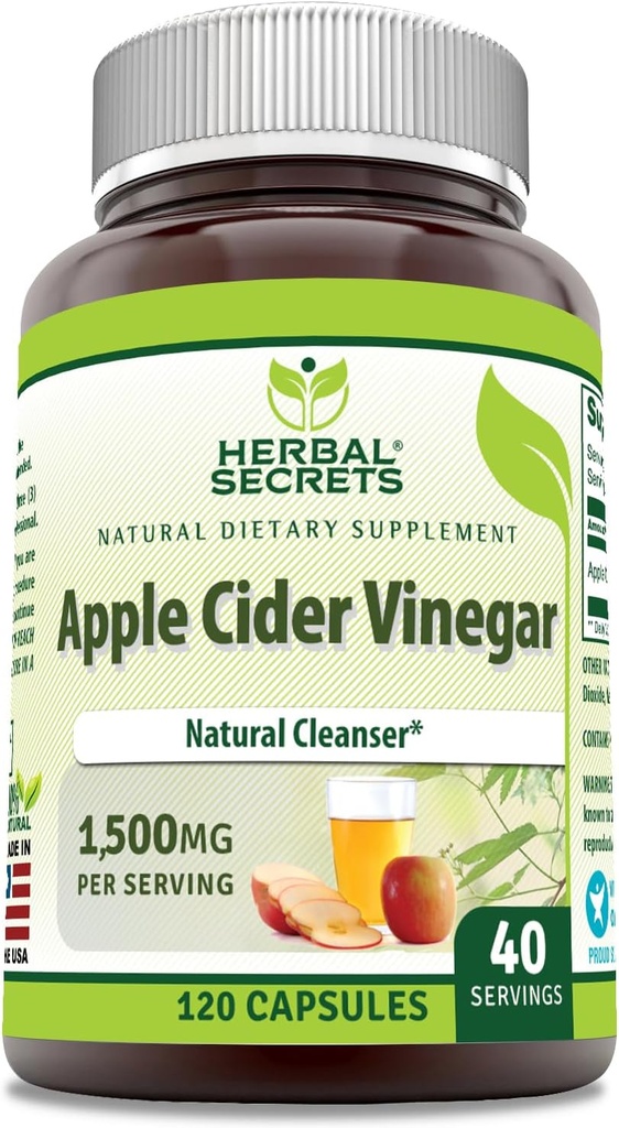 Herbal Secrets Apple Cider Vinegar Supplement | 1500 Mg Per Serving | 120 Capsules| Non-GMO | Gluten Free | Made in USA