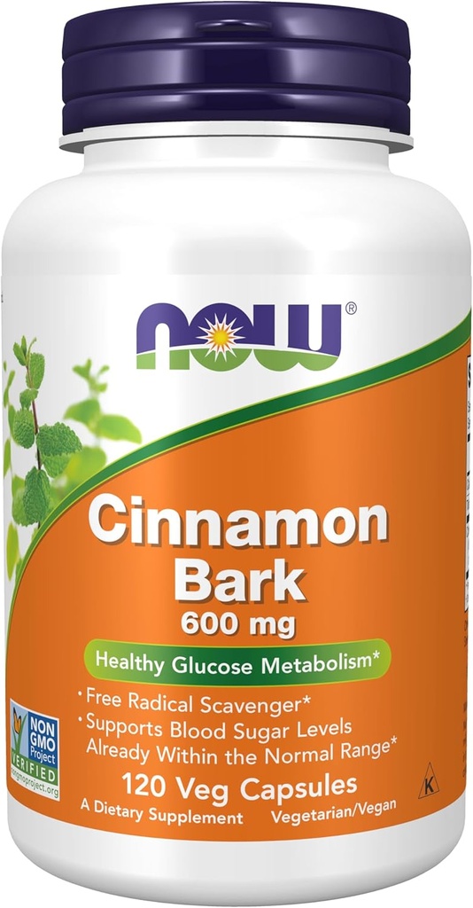 NOW Supplements, Cinnamon Bark 600 mg, Non-GMO Project Verified, Healthy Glucose Metabolism*, 120 Veg Capsules