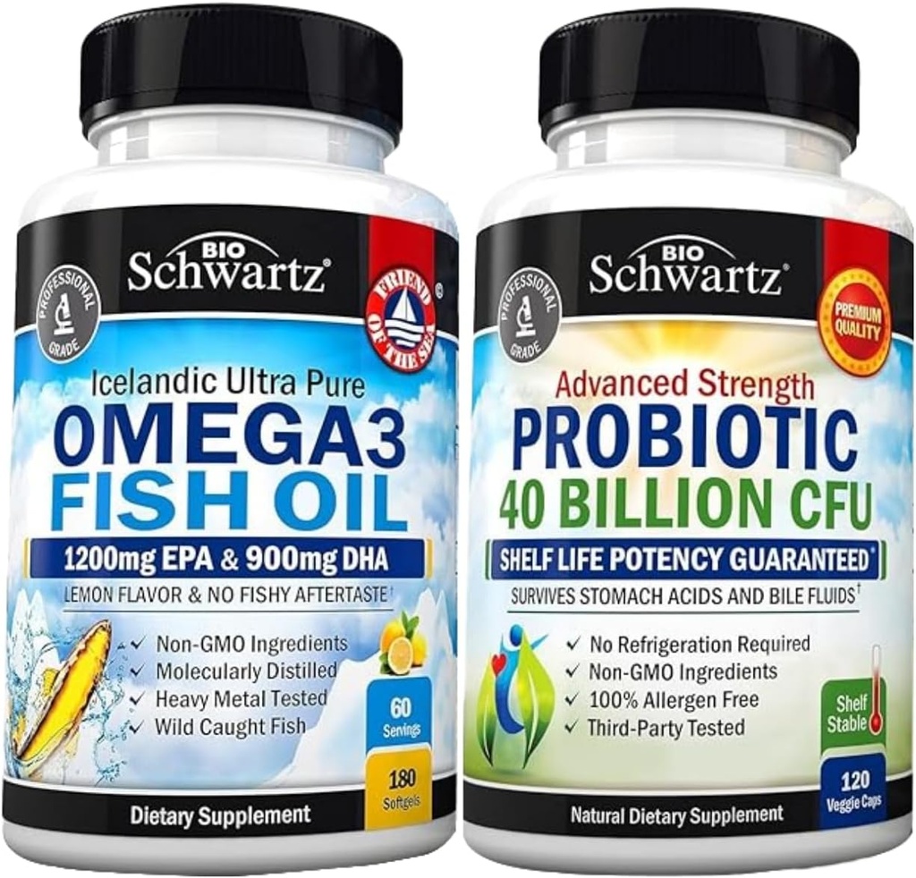 Triple Strength Omega 3 Fish Oil Softgels (2 Month Supply) Plus 40 Billion CFU Daily Probiotic Supplement (2 Month Supply)