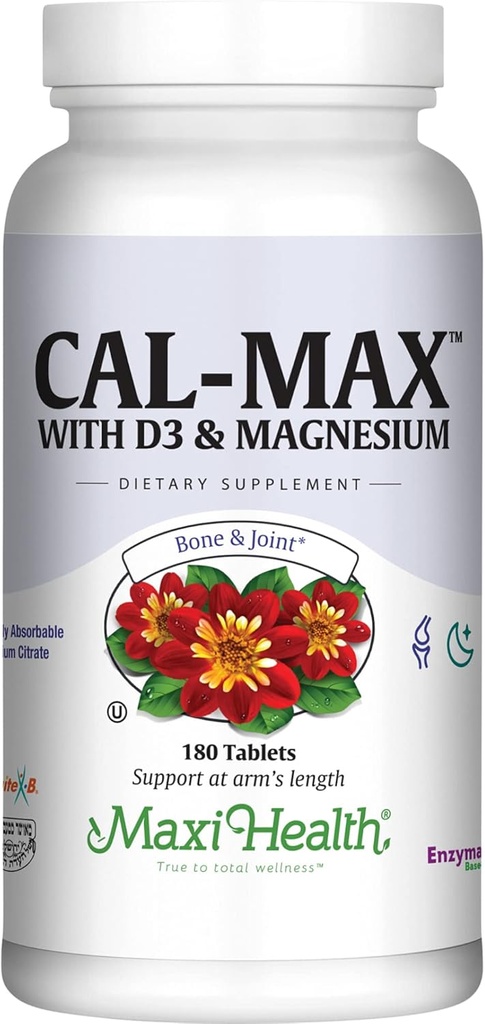 Maxi Health Calcium 1000 mg with Vitamin D3 (400 IU) and Magnesium (750 mg) - Cal Max Dietary Supplement for Bone, Teeth and Joint Support - for Men and Women - 180 Tablets