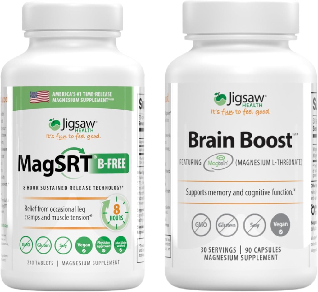 Jigsaw Health Magnesium Bundle | MagSRT (B-Free), 240 Tablets, and Brain Boost, 90 Capsules