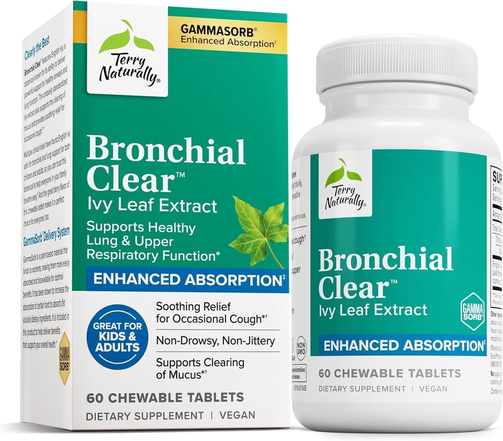 Terry Naturally Bronchial Clear Ivy Leaf Extract Chewable - Lung & Respiratory Health Support Supplement - Dietary Supplement with English Ivy Leaf Extract - 60 Chewable Tablets (60 Servings)