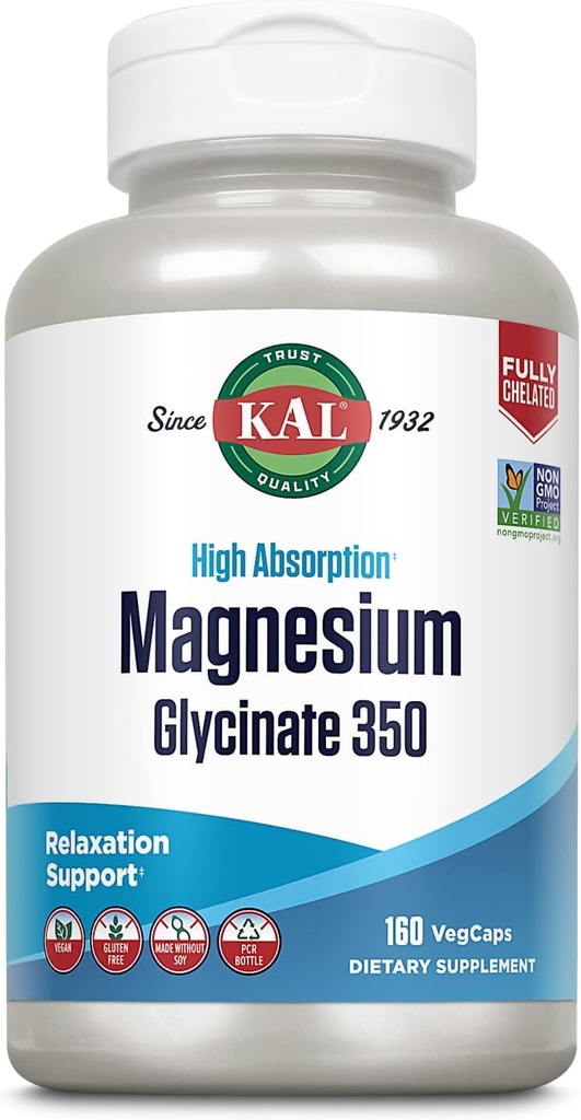 KAL Magnesium Glycinate Capsules, Fully Chelated Magnesium Bisglycinate, High Absorption Magnesium Supplement, Healthy Bones, Muscle, Relaxation and Stress Support, Non-GMO 160 count