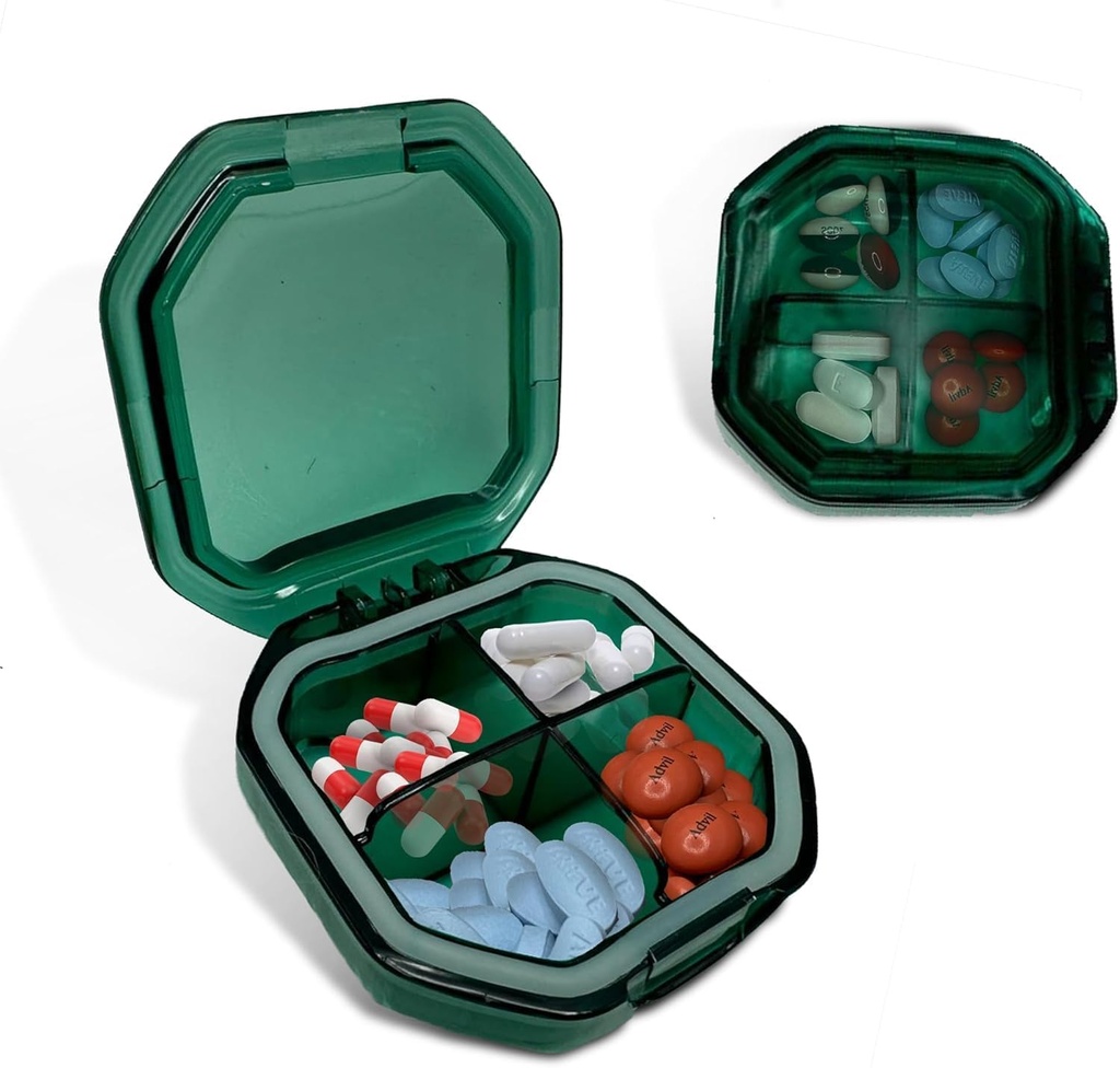 Travel Pill Organizer - Durable, Watertight Pill Case Travel Size with 4 Compartments - Compact Pill Travel Case for Vitamins, Supplements, Medicine - Travel Pill Container for Purse (Green)