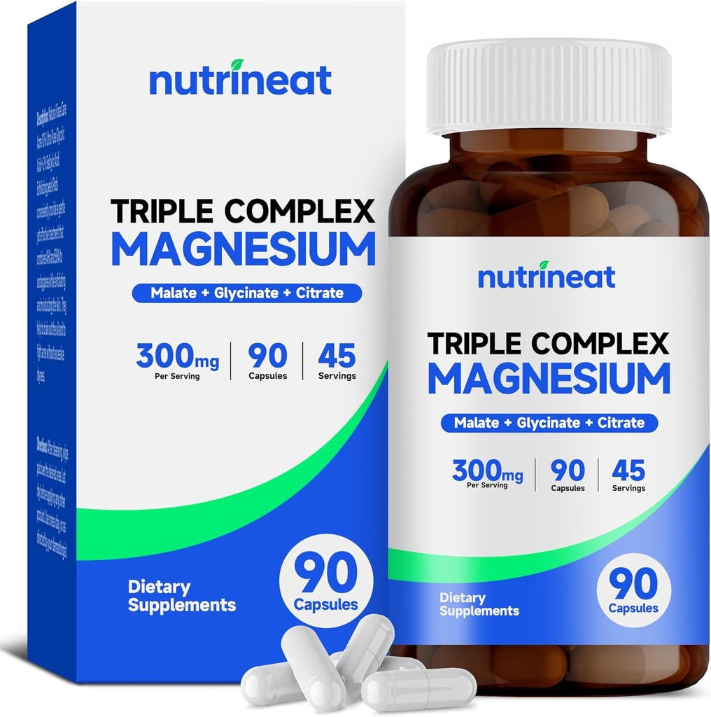 Triple Magnesium Complex (90 Capsules), 300mg of Magnesium Glycinate, Citrate & Malate for Muscles, Nerves, & Energy, High Absorption, Vegan, Non-GMO