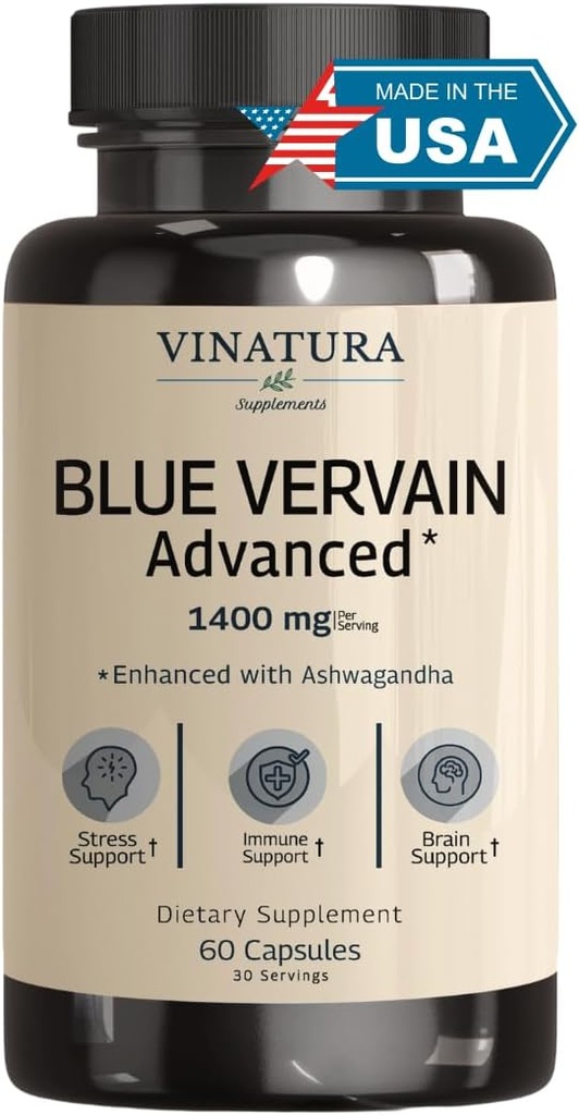 VINATURA Blue Vervain Advanced with Ashwagandha - 1400mg per serv, Blue Vervain Capsules, Blue Vervain Tea Alternative, Brain Health, Stress Relief, Ashwagandha Supplements - 60 Capsules