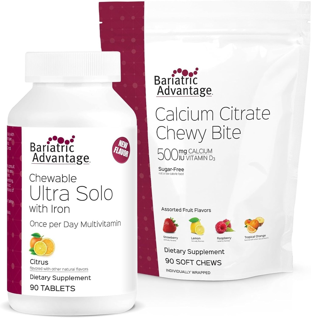 Bariatric Advantage Chewable Ultra Solo with Iron - Citrus, 30 Count and Calcium Citrate Chewy Bites 500 mg - Assorted Fruit Flavor,90 Count