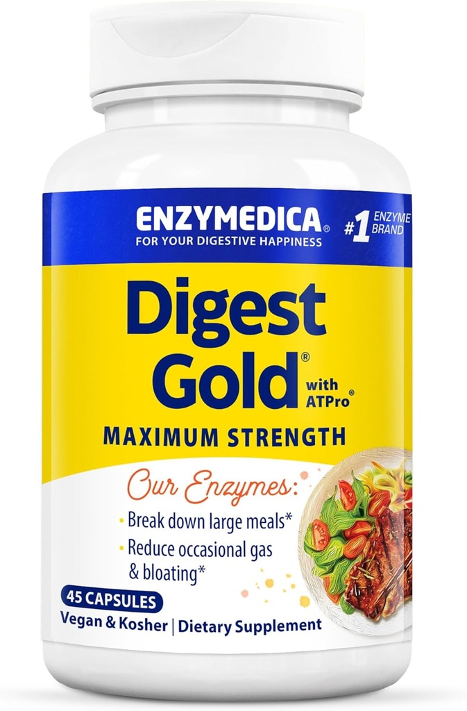 Enzymedica Digest Gold + ATPro, Maximum Strength Enzyme Formula, Prevents Bloating and Gas, 14 Key Enzymes Including Amylase, Protease, Lipase and Lactase, 45 Capsules (FFP)