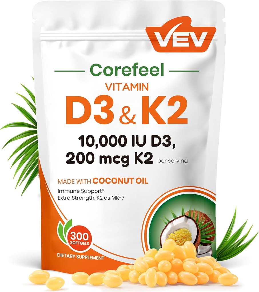 VEV Corefeel Vitamin D3 K2 10,000 IU, 200 mcg MK-7, 300 Coconut Oil Softgels, 2 in 1 Vitamins Supplement D & K (Include MK7), Easy to Swallow, Supports Calcium Absorption, Bone Health