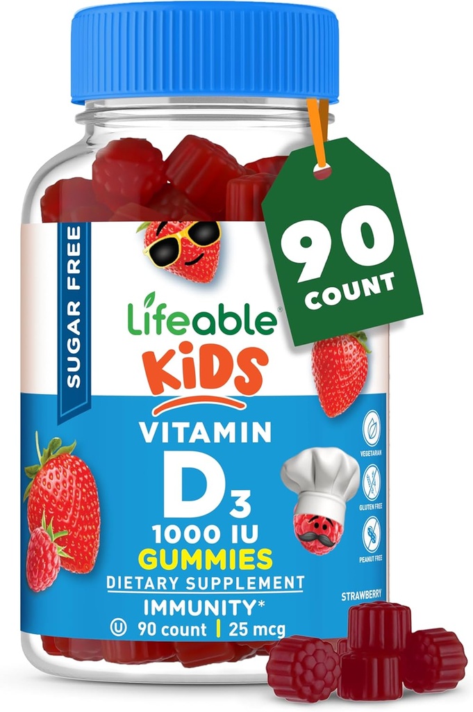 Lifeable Sugar Free Vitamin D for Kids 1000 IU – Great Tasting Natural Flavor Gummy Supplement – Gluten Free Vegetarian Chewable – for Strong and Healthy Bones, for Children, Teen, Toddler, 90 Gummies