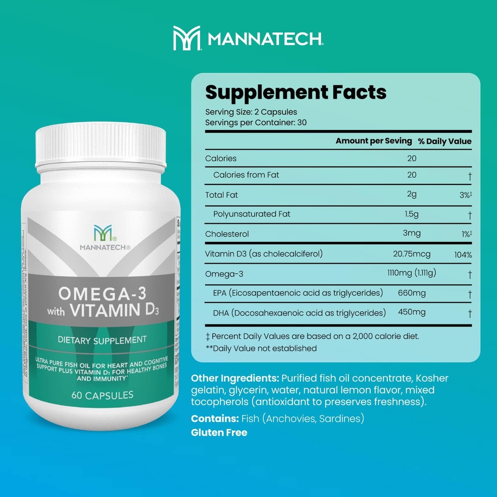 Mannatech Omega-3 with Vitamin D3 for Bone, Heart Health and Cognitive Support, Made of Pure Fish Oil