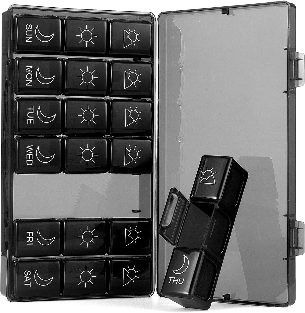 Weekly Pill Organizer 7 Day 3 Times, Portable Pill Organizer, BPA Free Pill Case, Travel Daily Pill Box Reminder, Medication Organizer for Vitamins, Supplements (Black1)
