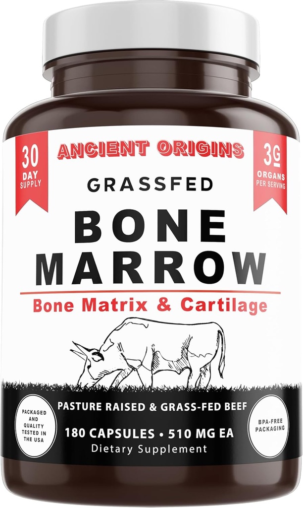 Grass Fed Bone Marrow Supplement, 3060mg, Skin, Oral Health, and Joint Support Supplement, Promotes Whole-Body Wellness, Non GMO Whole Bone Extract, 180 Capsules