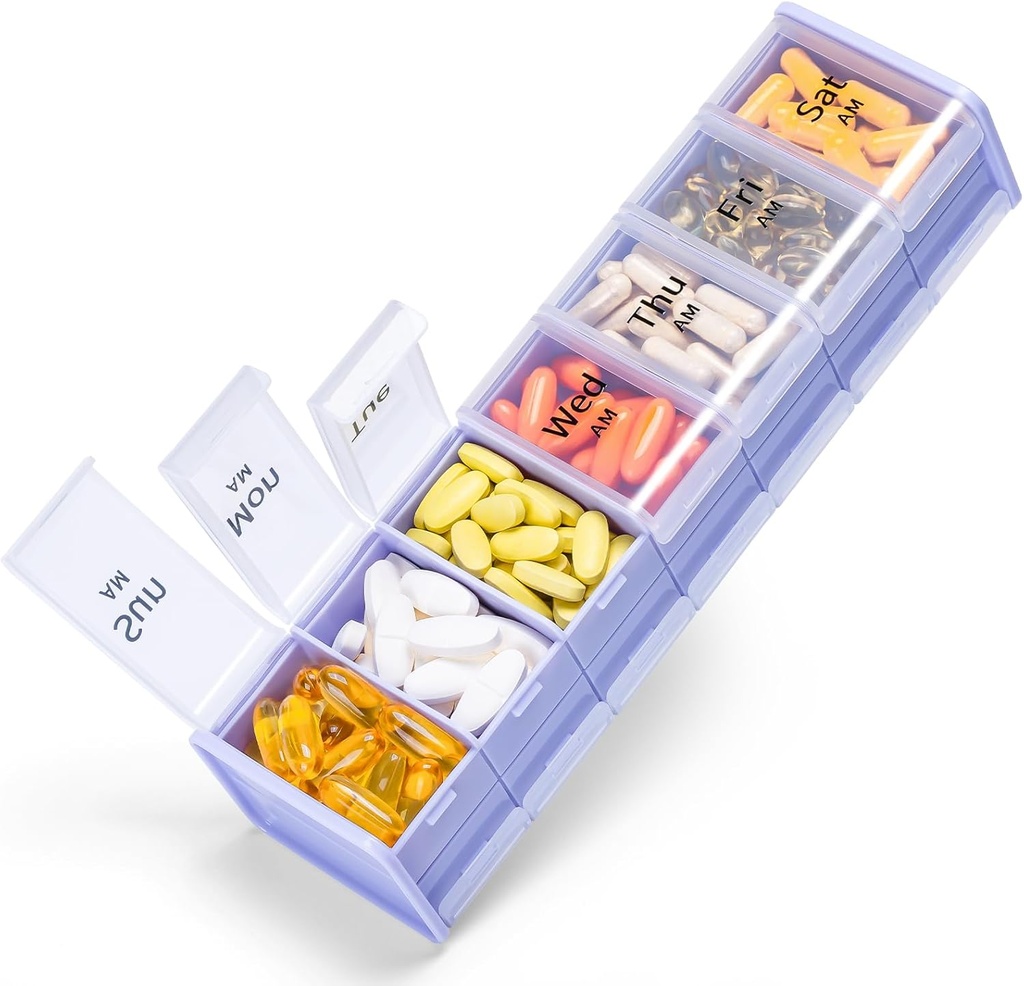 Extra Large Weekly Pill Organizer 2 Times a Day - Betife 7 Day Pill Box, AM PM Pill Case with Double Layer Jumbo Compartment for Pills, Vitamin, Fish Oil, Supplements(Puple/White)