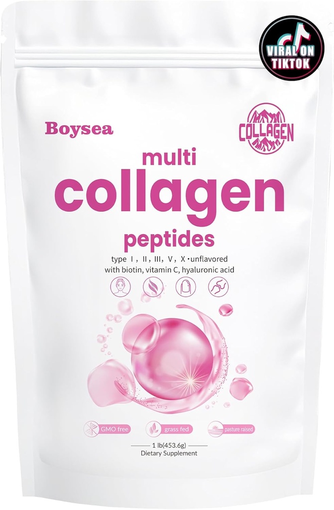 Boysea.Multi-Collagen Peptides Powder - Hydrolyzed Protein Peptide Types I, II, III, V, X with Biotin & Vitamin C, Supports Skin, Hair, Nail, and Joint, Unflavored, Non-GMO, Gluten-Free, Easy Mix 1LB