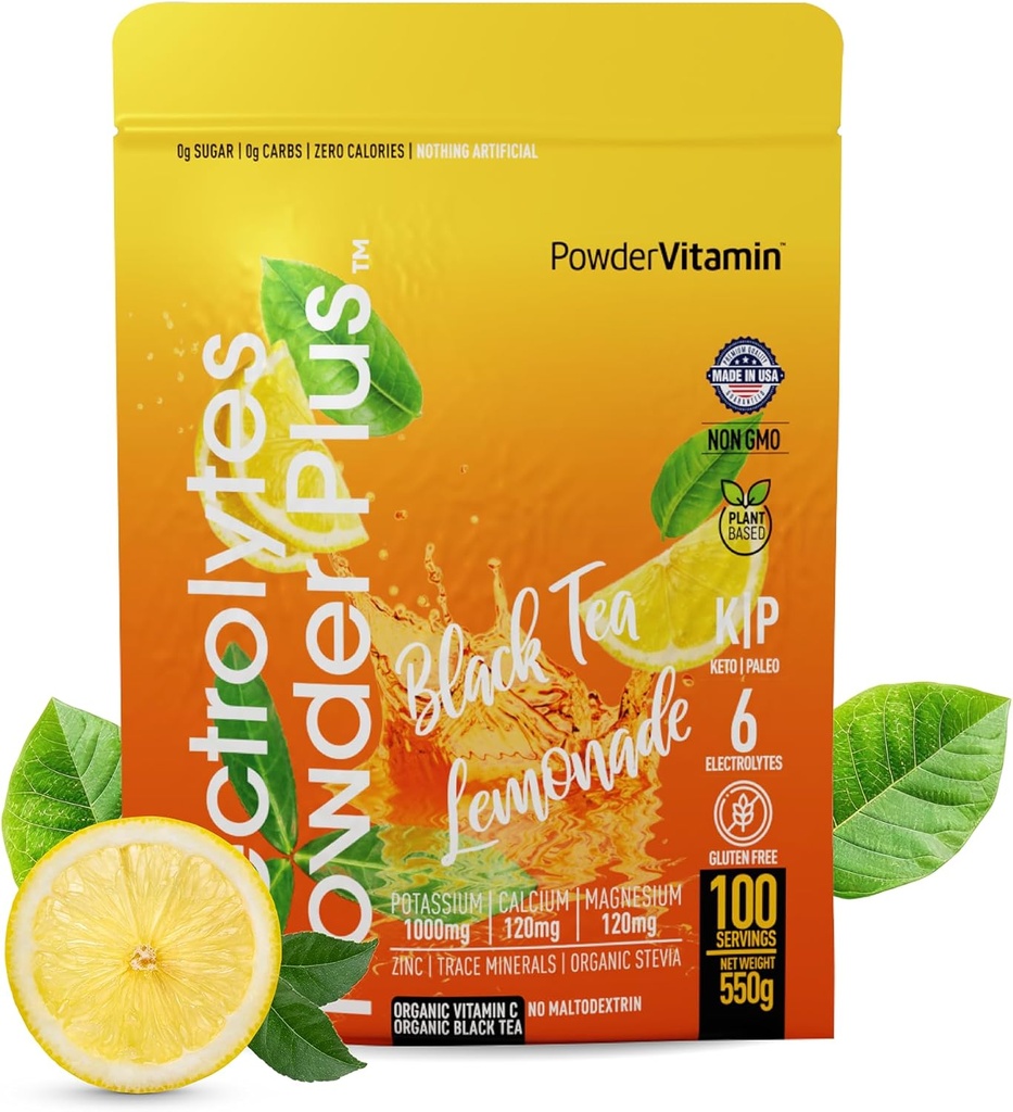 PowderVitamin Electrolytes Powder Plus (100 Servings) Black Tea Lemonade Electrolyte Powder Zero Calorie Keto,0 Sugar, No Maltodextrin,1000mg Potassium,120mg Calcium,120mg Magnesium, Hydration Powder