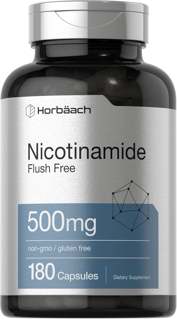 Horbäach Nicotinamide 500mg | 180 Capsules | Flush Free Dietary Supplement | Non-GMO and Gluten Free Vitamin