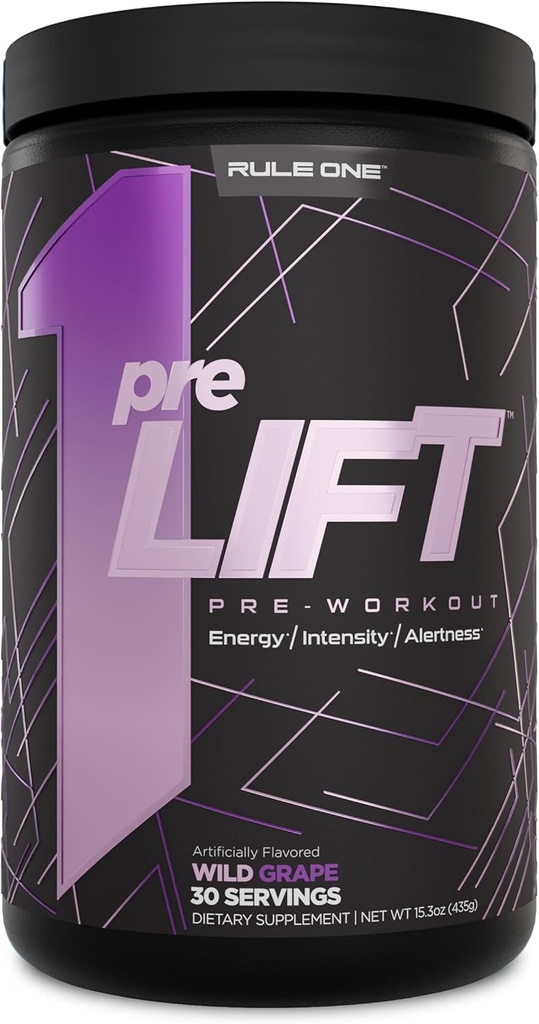 Rule 1 preLIFT Pre-Workout, 6g Citrulline, 3.2g Beta Alanine, 3 Caffeine Sources + 20 Others for Energy, Alertness, & Endurance (30 Servings, Wild Grape)