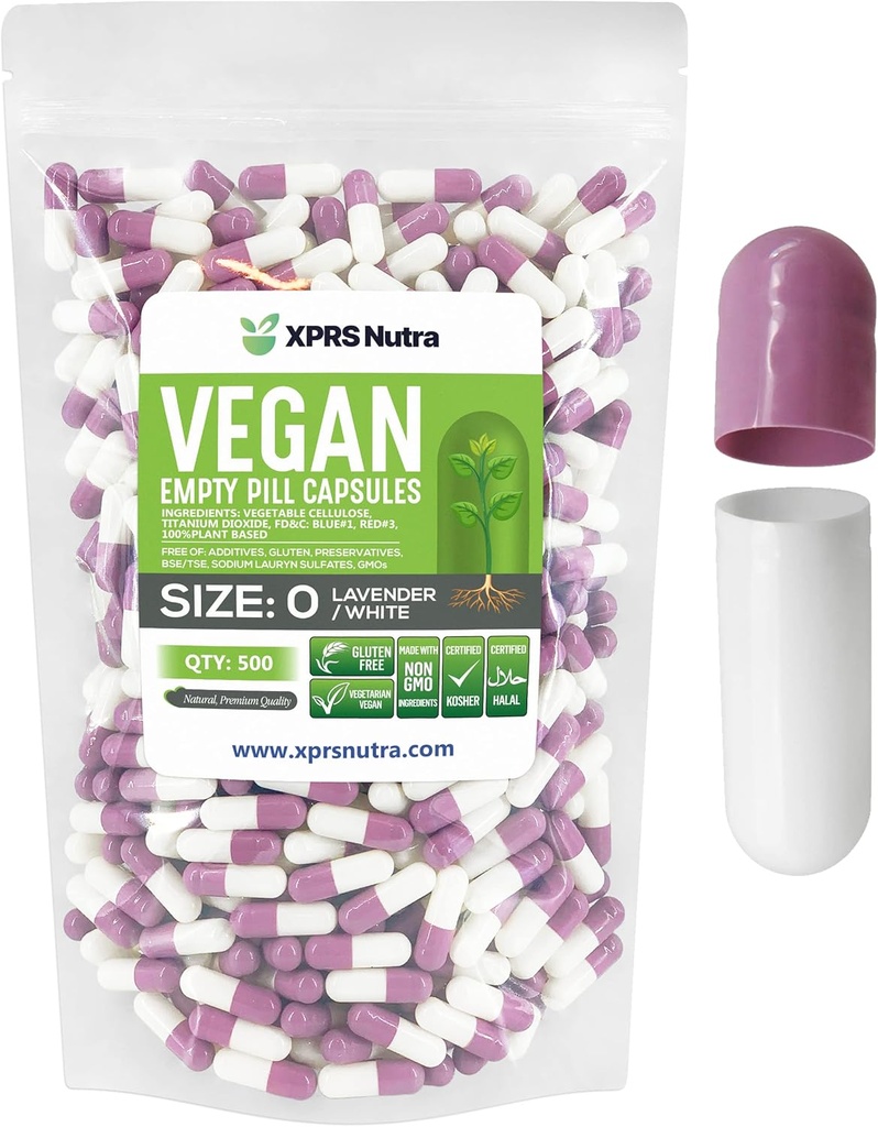 XPRS Nutra Size 0 Empty Capsules - 500 Count Empty Vegan Capsules - Vegetarian Pills - DIY Vegetable Filling - Veggie Pill Caps for Do-It-Yourself Supplements (Lavender/White)