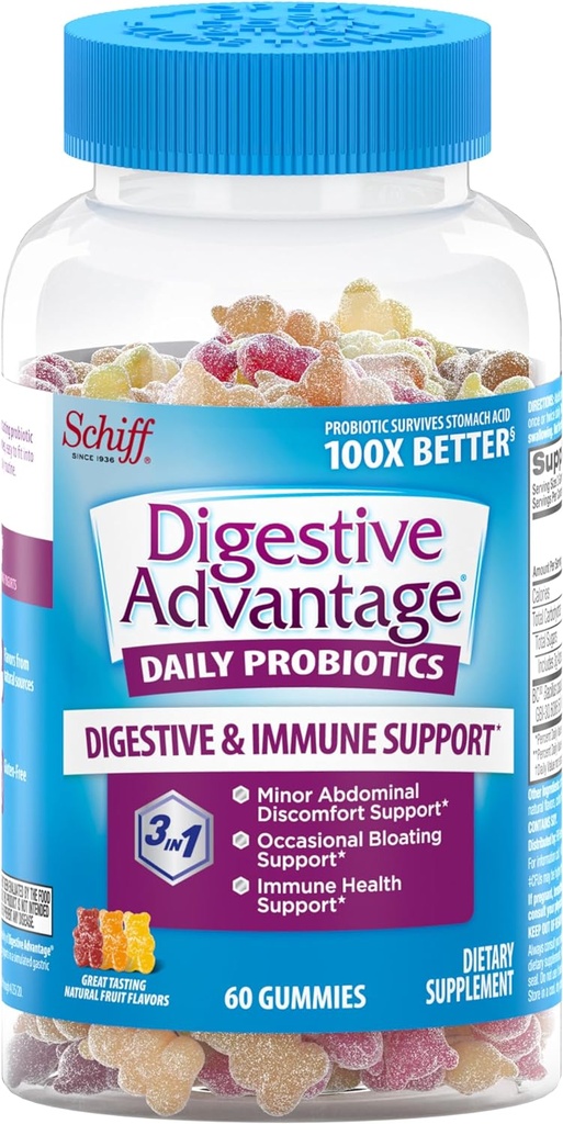 Digestive Advantage, Probiotic Gummy for Adults, 60 Gummies, Gluten-Free, Survives 100x Better, Assorted Fruit Flavors, Supports Digestive Health