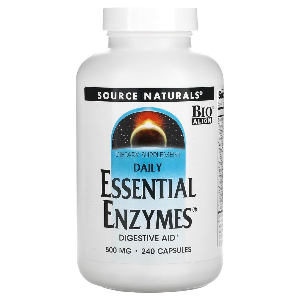 Source Naturals Essential Enzymes 500mg Bio-Aligned Multiple Supplement Herbal Defense for Digestion, Gas & Constipation Relief & Daily Digestive Health - Strong Immune System Support - 120 VegiCaps