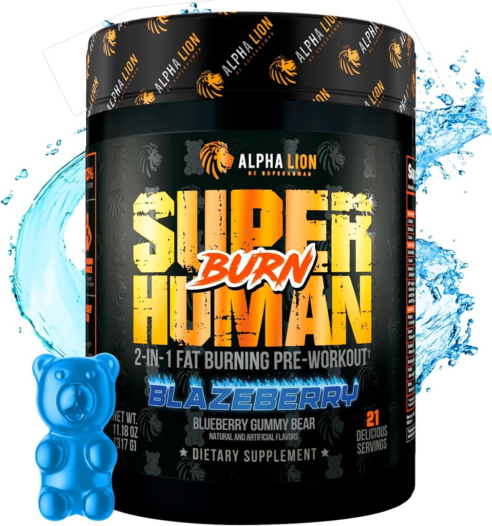 ALPHA LION Superhuman Burn – 2 in 1 Metabolism Booster Pre Workout and Thermogenic Fat Burner for Men – Appetite Suppressant and Weight Loss Supplement (21 Servings, Blue Gummy Bear Flavor)