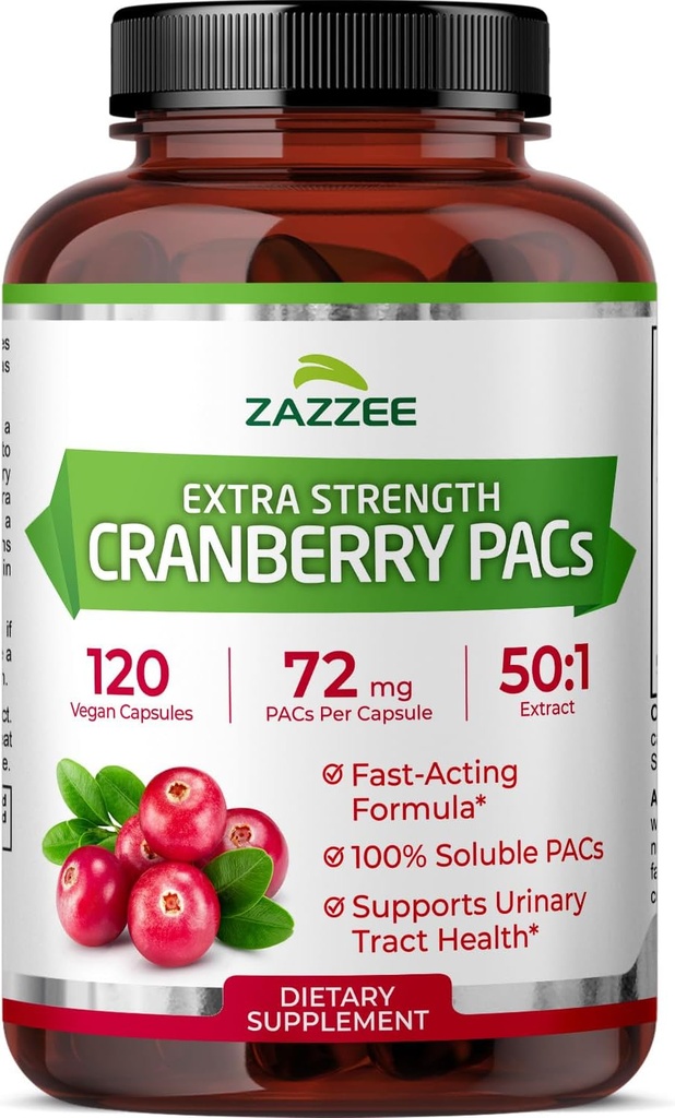 Zazzee Cranberry PACs, 72 mg PACs per Capsule, 2X Strength, 100% Soluble, 120 Vegan Capsules, 50:1 Extract, 18,200 mg Strength, Fast-Acting, Effective Urinary Tract Support, Made in The USA