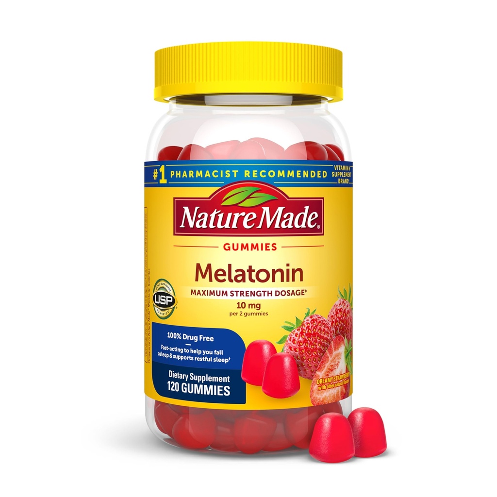 Nature Made Melatonin 10 mg per serving Gummies, Sleep Gummies for Adults Maximum Strength Dosage, 100% Drug Free Sleep Aid, 120 Count, 60 Day Supply