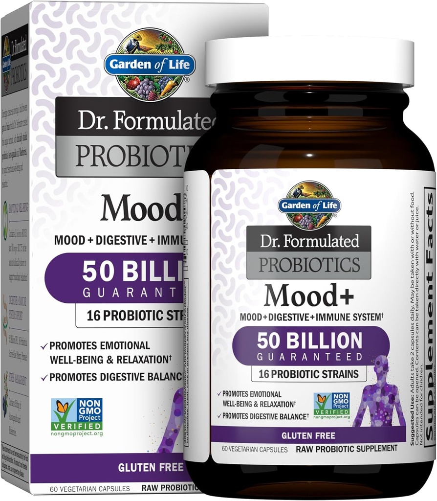 Garden of Life Dr. Formulated Probiotics Mood+ Acidophilus Probiotic Supplement - Promotes Relaxation and Digestive Balance - Ashwagandha for Stress Management - Non GMO, Gluten Free - 60 Veggie Caps