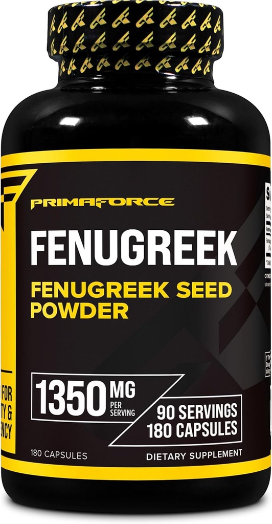 Primaforce Fenugreek Seed Capsules (180 Capsules / 1350mg Per Serving, 2 Capsule Servings) - Premium Herbal Supplement for Men and Women, Non-GMO, Gluten Free Supplement