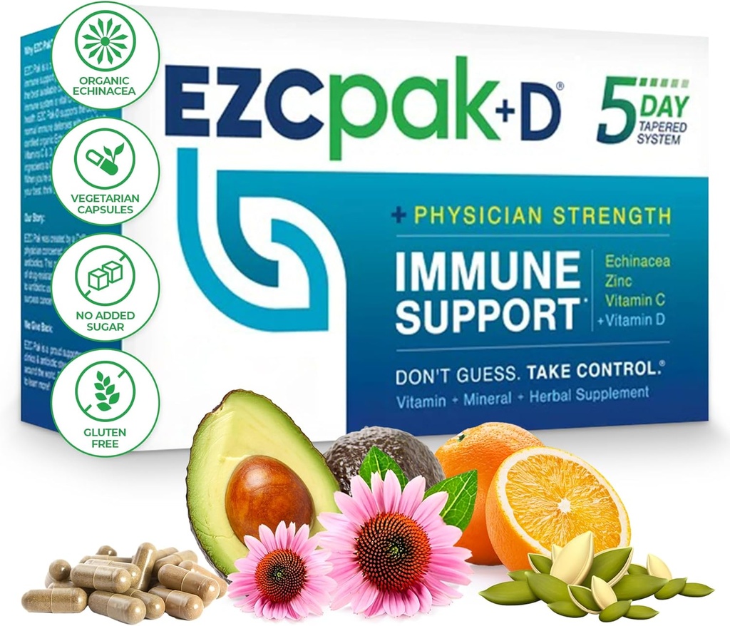 EZC Pak 5-Day Immune System Booster with Echinacea, Vitamin C, Zinc & Vitamin D - Tapered Immune Support Supplement for Adults - Supports Immunity, Easy Travel-Size Supplement Pack