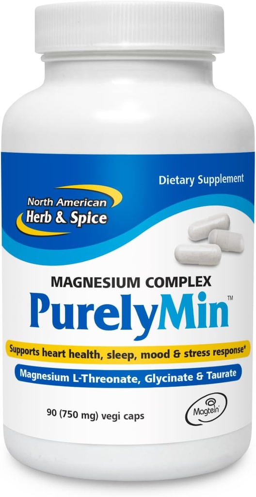 NORTH AMERICAN HERB & SPICE PurelyMin - 90 Vegi Caps - Highly Absorbable Magnesium Complex + L-Theanine - 30 Servings