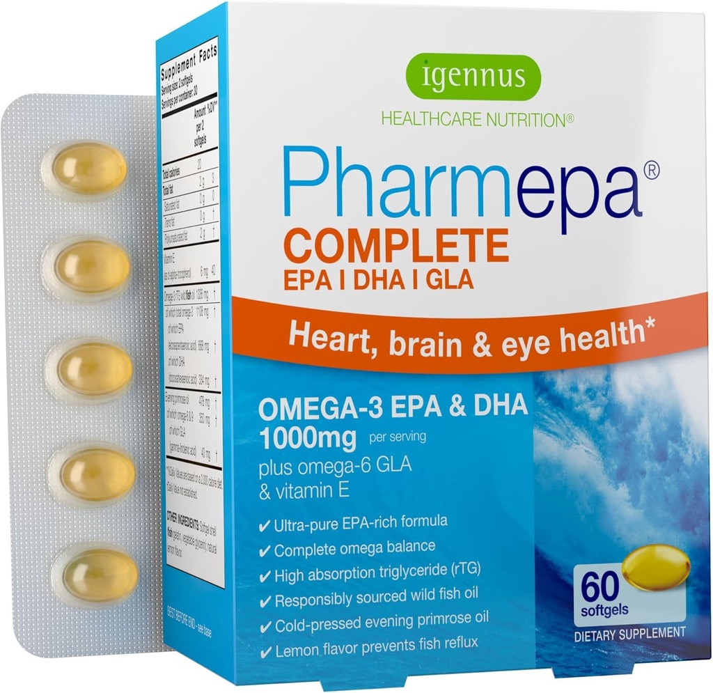 Igennus Pharmepa Complete EPA 668mg & DHA 334mg Omega-3 Fatty Acids 1000mg, IFOS Certified, rTG Form, High Potency Fish Oil Plus Omega-6 & 9 from GLA Evening Primrose Oil, Lemon Flavor, 60 Softgels