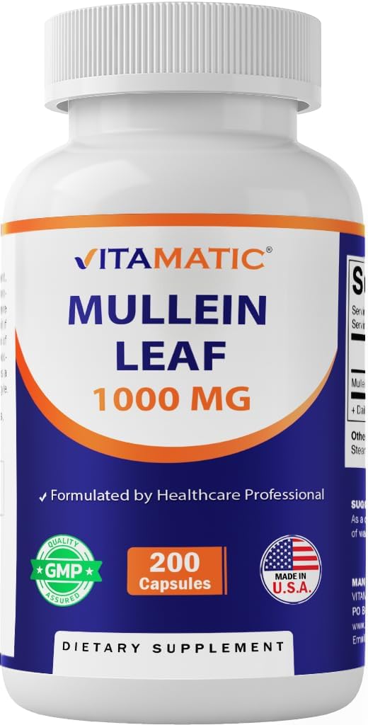 Vitamatic Mullein Leaf 1000mg per Serving - Supports Healthy Respiratory, Bronchial & Immune Function - 200 Capsules