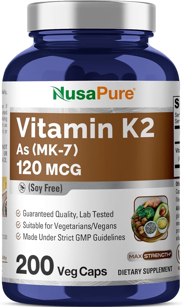 NusaPure Vitamin K2 MK7 120 mcg 200 Veggie Caps (Soy Free, Non-GMO, Vegan)