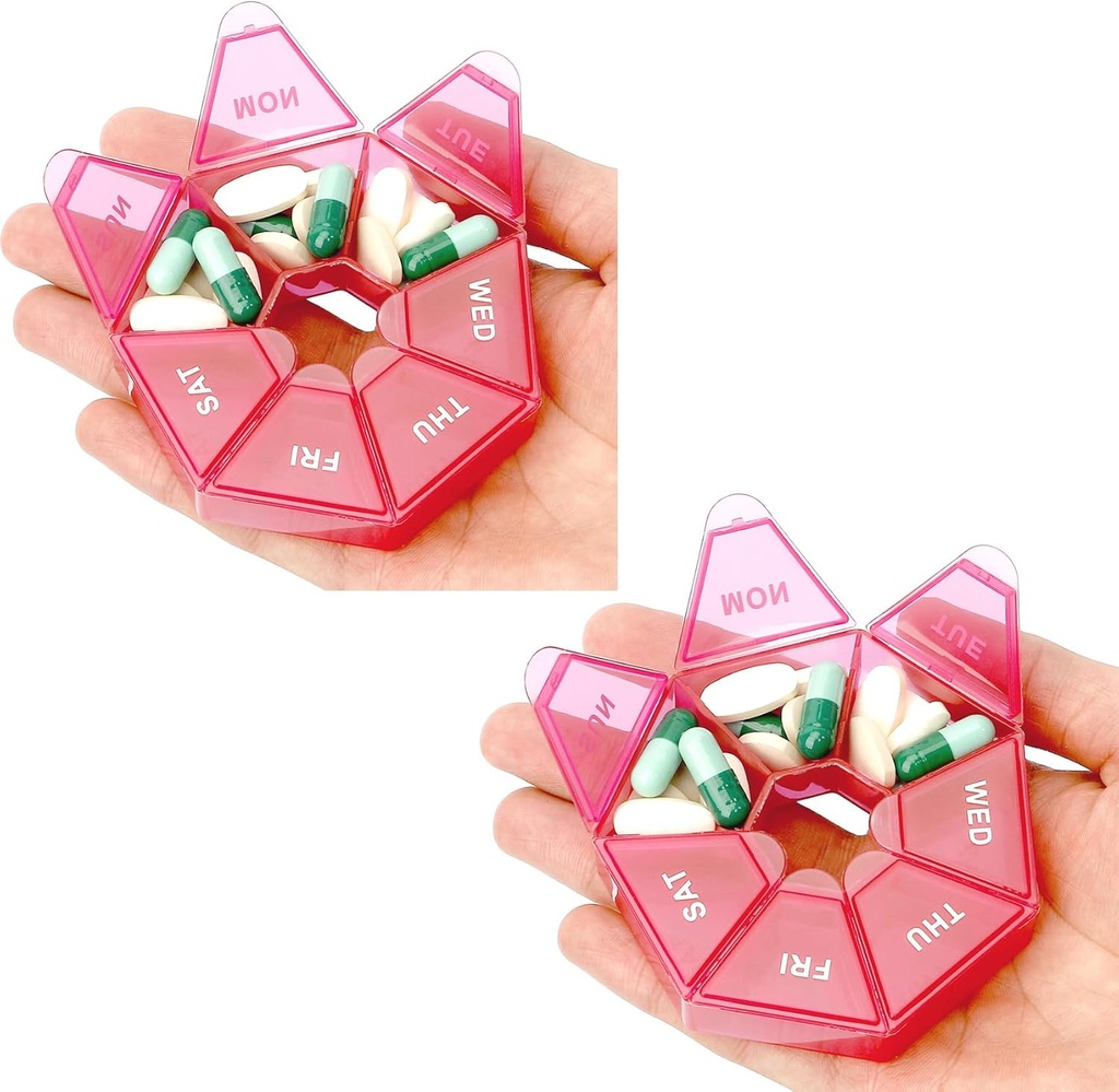 Pill Organizer, 2 Pack Pill Box, Small Pills Case,Medicine Organizers 1 Time a Day, Weekly Medicine Organizer Container, Medicine Holder,Daily Pills Containers for Travel 7 Day(Red)