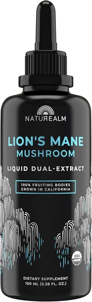 Naturealm Lion’s Mane Mushroom Liquid Tincture Supplement – Focus, Memory & Brain Health, Vegan, Non-GMO – Organic Fruiting Bodies, 2 Month Supply
