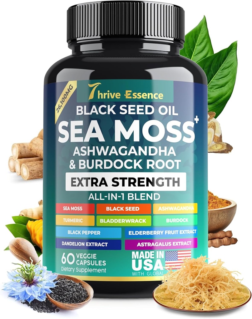 Sea Moss Extract, Black Seed Oil, Ashwagandha, Turmeric & More – 10-in-1 Herbal Supplement with Black Pepper & Elderberry – 60 Capsules