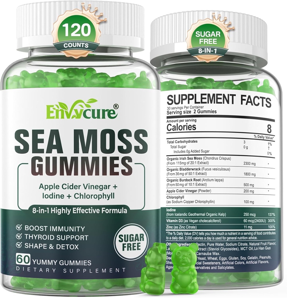 Sea Moss Gummies Sugar-Free, Extra Strength Irish Moss Gel Supplement with Iodine, Chlorophyll, Unfiltered ACV, D3, Burdock Root, Bladderwrack for Immune, Digestive, Skin, Hair, Det❤️x, Vegan, 2Pack