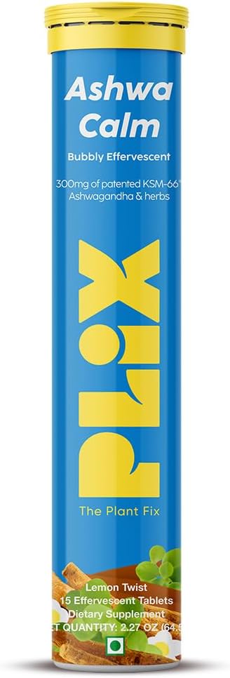 PLIX - THE PLANT FIX KSM-66 Ashwagandha 300mg Effervescent Supplements for Stress, Mood & Energy Support with Vitamin D3 & Brahmi - 15 Vegan, Non-GMO, Gluten-Free Tablets, Pack of 1