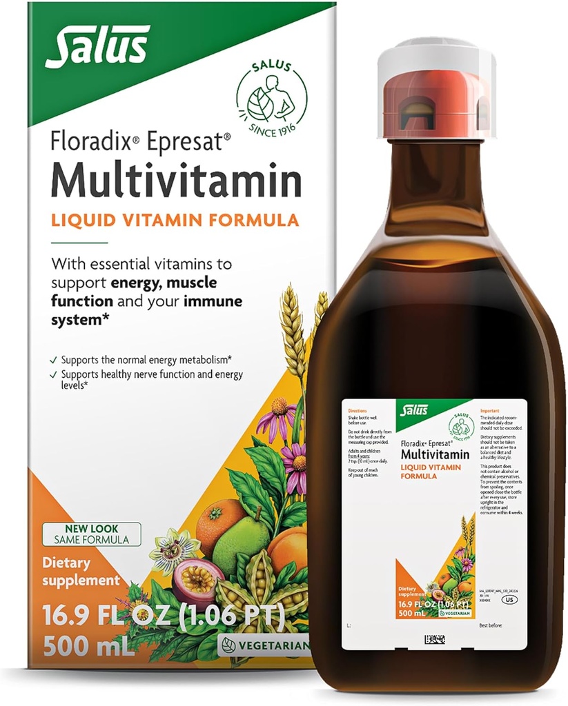 Floradix Epresat Adult Liquid Multivitamin - Herbal Supplement - Daily Supplement with Vitamin A, D, B6, Milk Thistle & More - Supports Energy & Liver Health - Vegetarian, Non-GMO - 16.9 fl oz