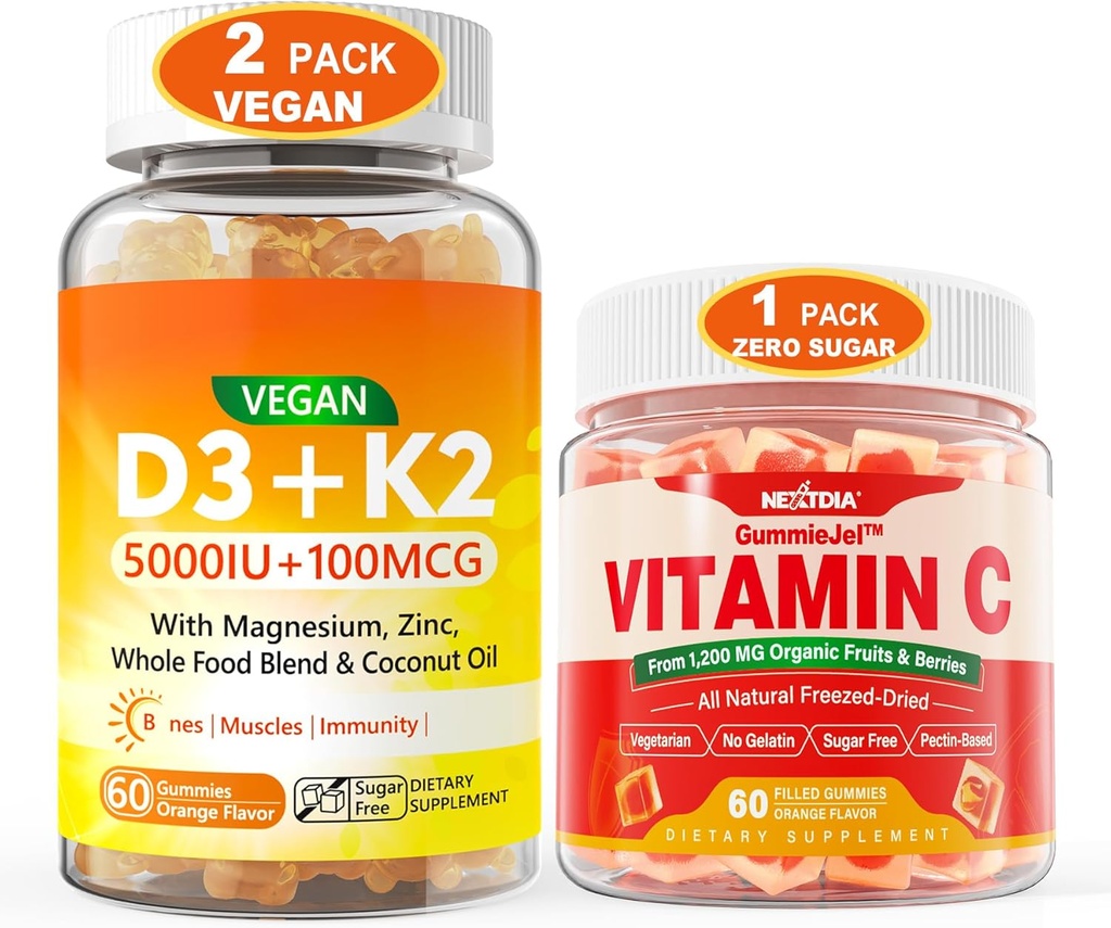 2 Pack Vegan Vitamin D3 5000IU K2 Gummies+ 1 Pack Whole Food Vitamin C Gummies